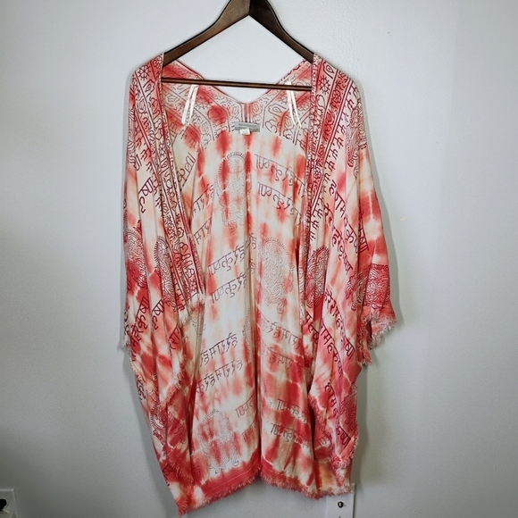 World Market Ganesha Tie Dye Kimono Shawl Pink White Mantra Hippie One Size - Picture 2 of 12